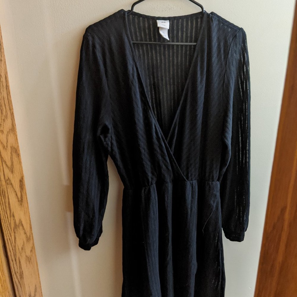 L Partially Sheer Black Vertical Striped Faux Wrap Dress